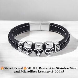 🔥Street Trend🔥Skull Bracelet in Stainless Steel & Black Leather (8 inches)